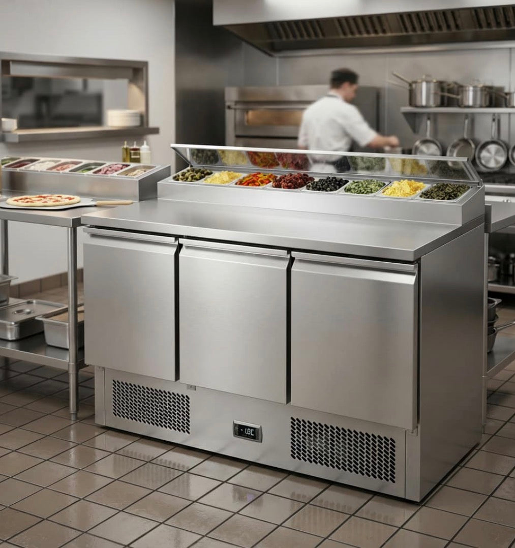 Contender 3 Door Refrigerated Prep Counter (8 × 1/6 GN) – Efficient Food Prep & Chilled Storage