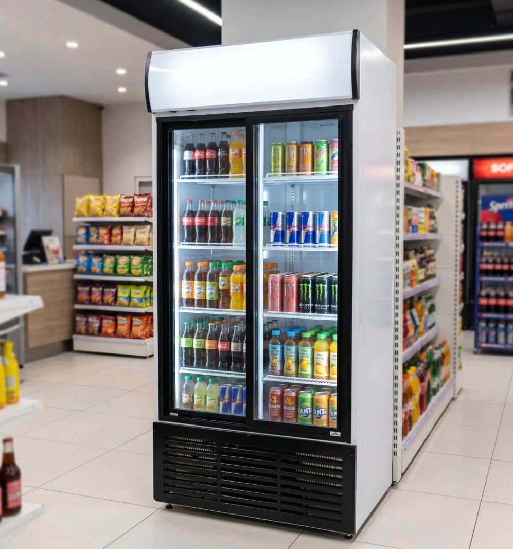 Contender 783L Double Glass Door Display Fridge (Sliding Doors & Canopy)