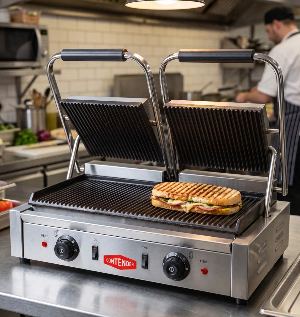 Contender 395mm Twin Panini Press (Ribbed Top & Bottom Plates)