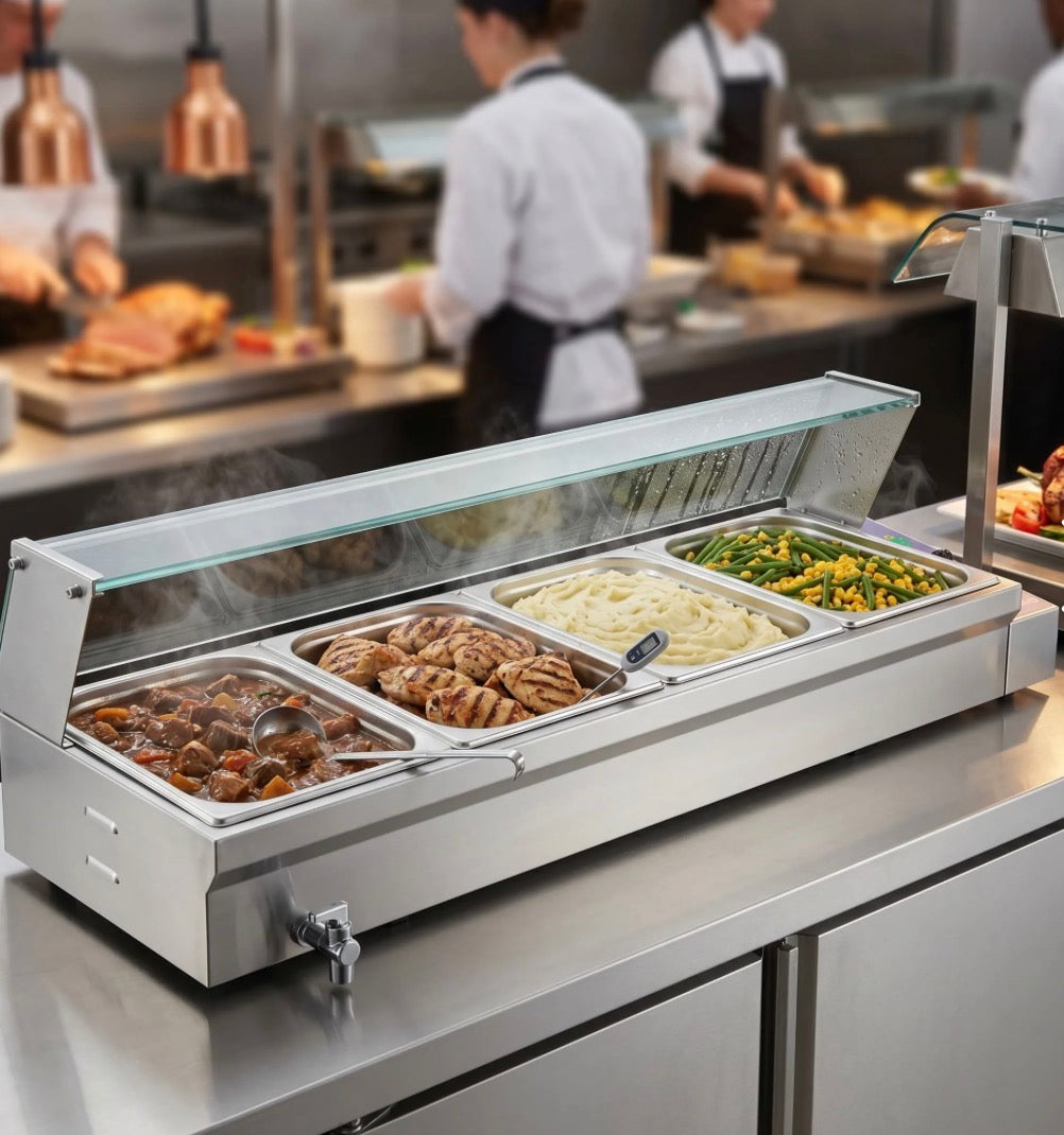 Quattro Bain Marie Heated Display – 4 x 1/2 GN Pans & Lids with Glass Surround
