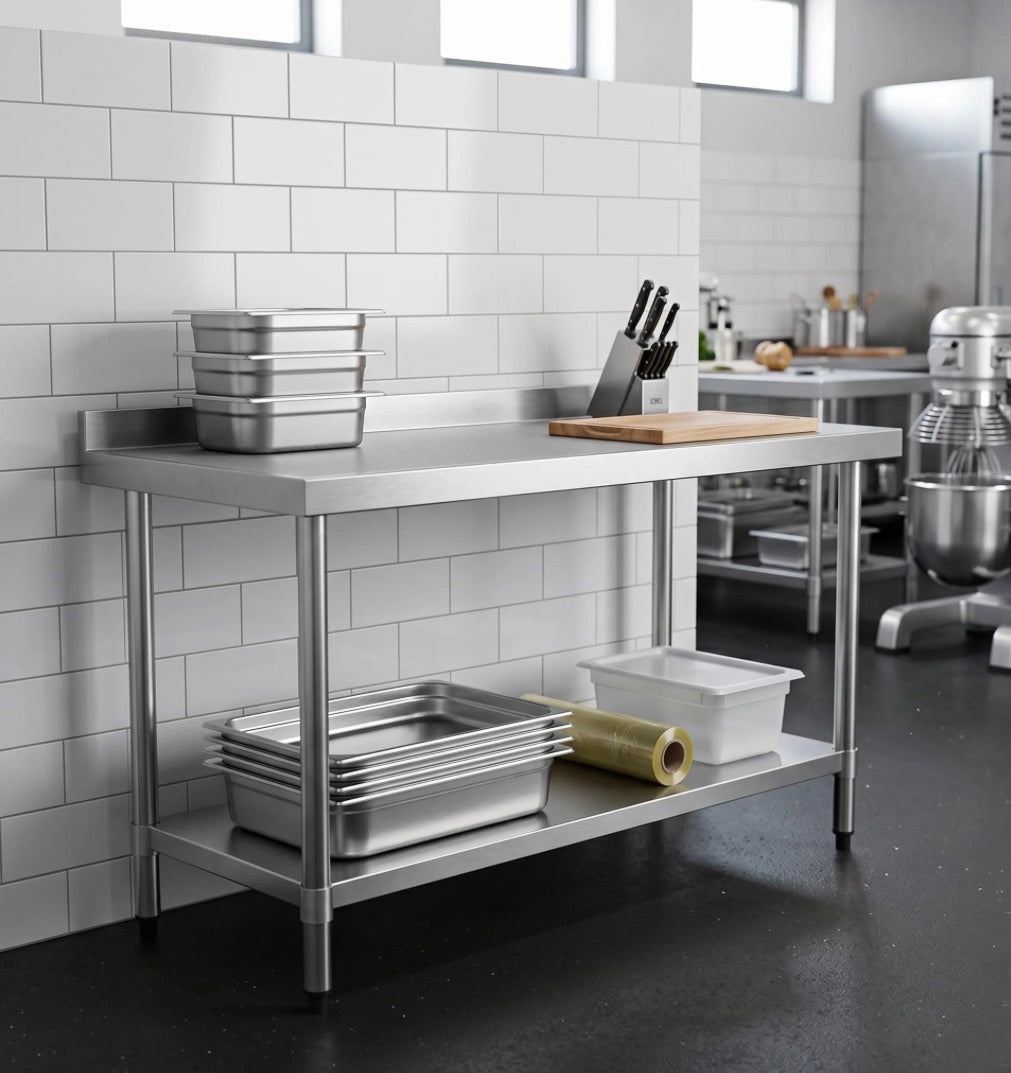 Quattro Stainless Steel Wall Table, 1800mm, Upstand & Undershelf – Full-Length Wall-Mounted Prep