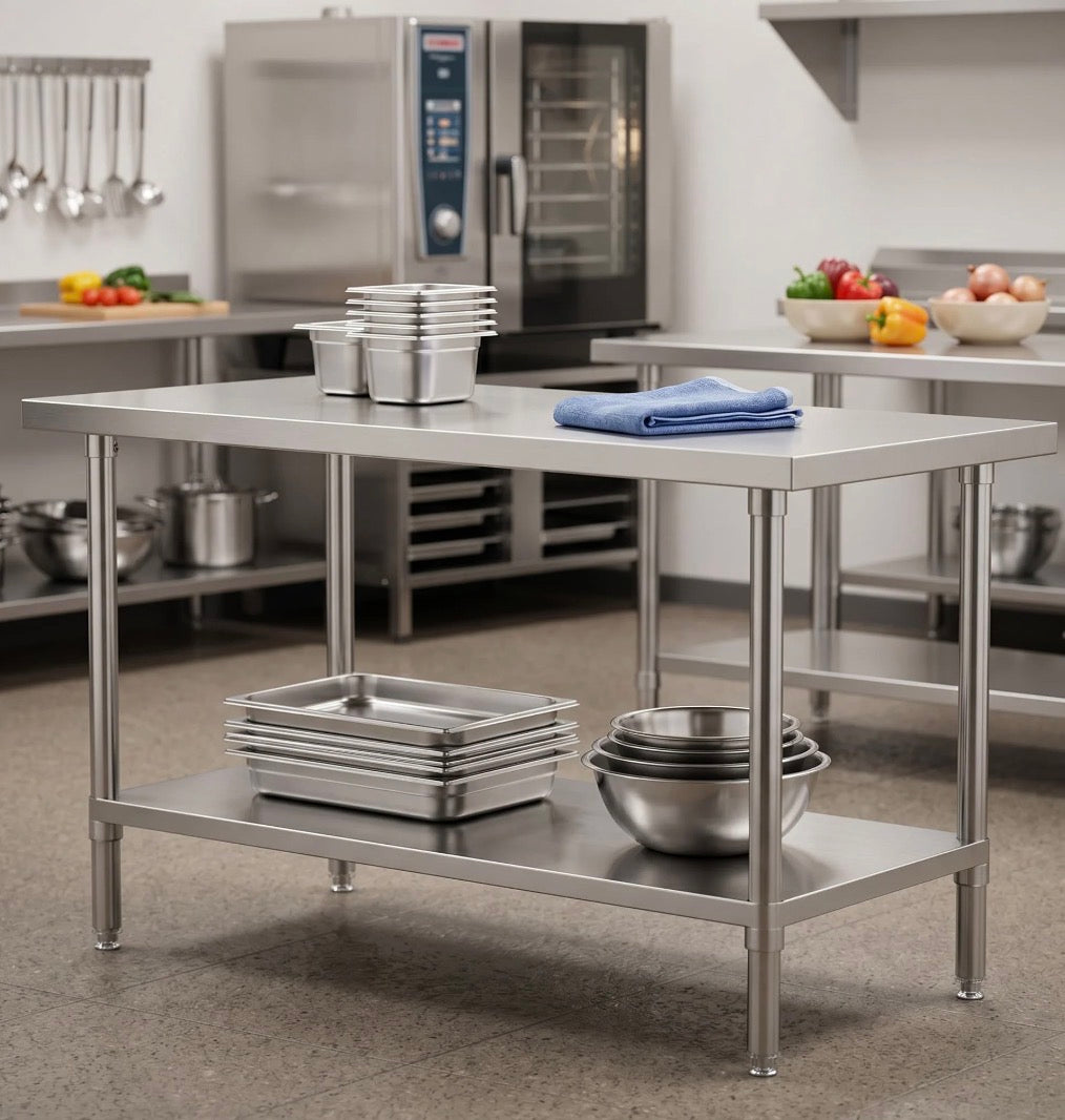 Quattro Stainless Steel Centre Table, 1800mm, Adjustable Undershelf – Heavy-Duty Central Prep Surface