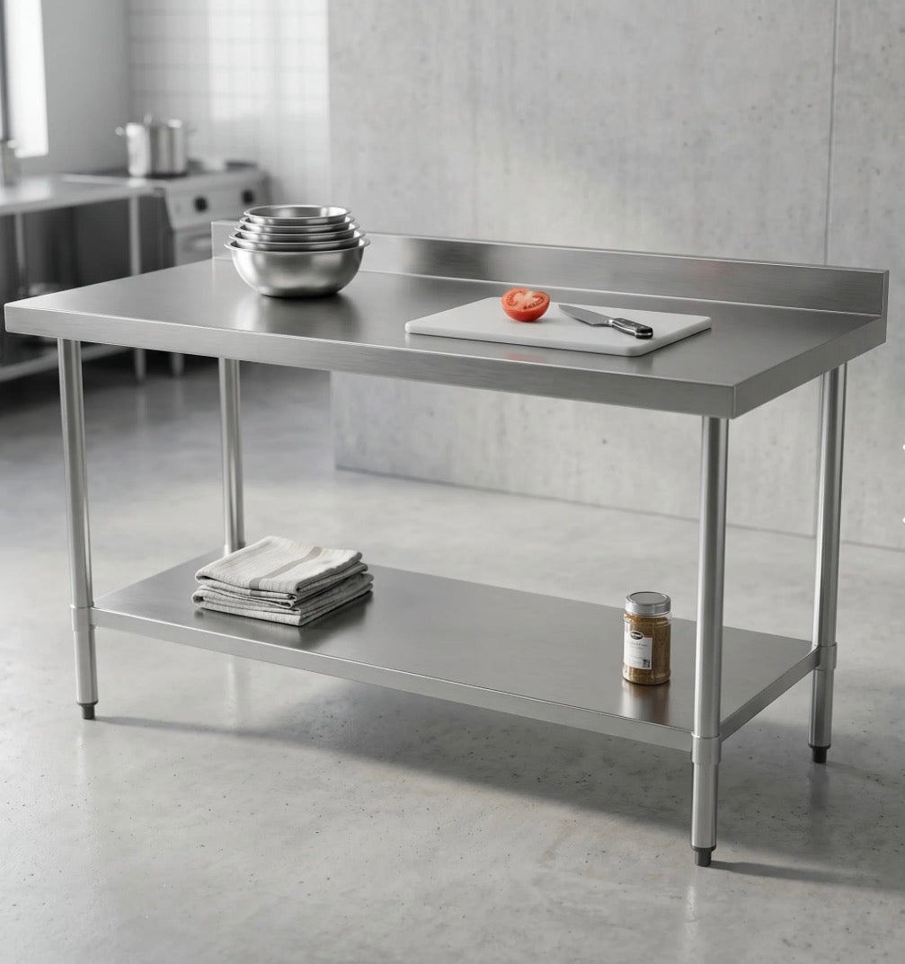 Quattro Stainless Steel Wall Table, 1500mm, Upstand & Adjustable Feet – Space-Saving Kitchen Prep