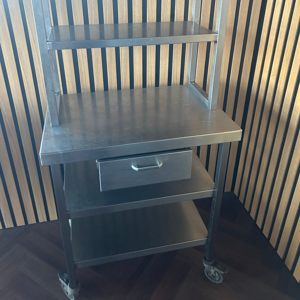 Stainless Steel Bench On Wheels With Multiple Shelves & Drawer