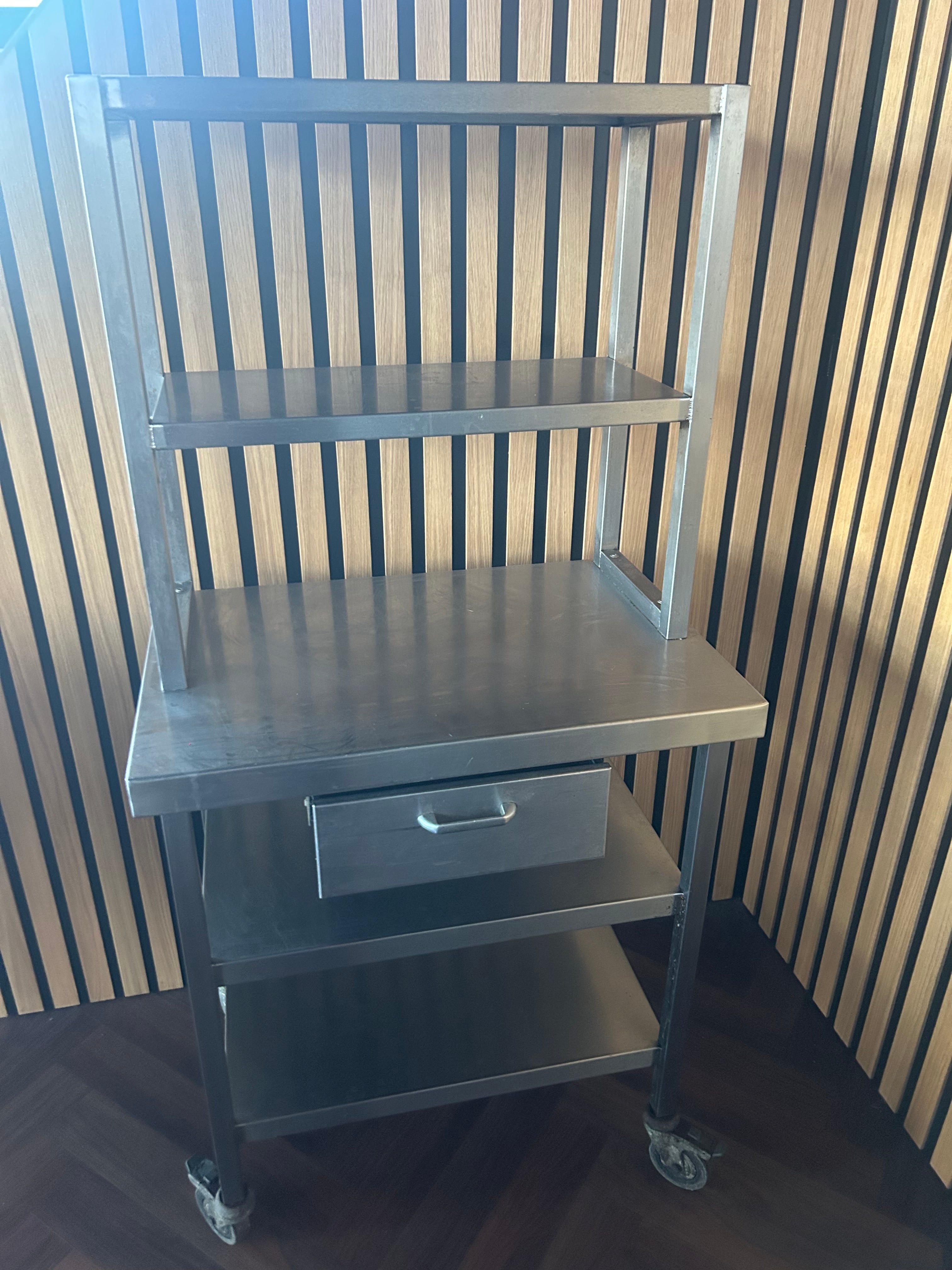 Stainless Steel Bench On Wheels With Multiple Shelves & Drawer