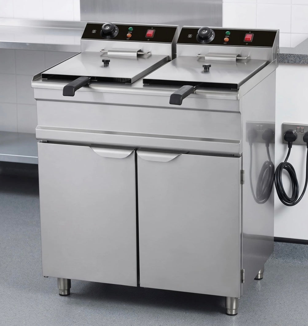 Contender 530mm Twin Tank Electric Fryer – Dual 16L Floor Standing Commercial Fryer