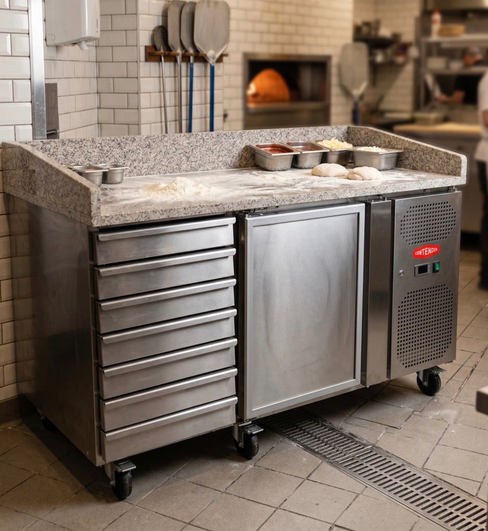 Contender 1 Door Refrigerated Prep Counter (Granite Top & 7 Dough Drawers) – Efficient Food Prep & Chilled Storage
