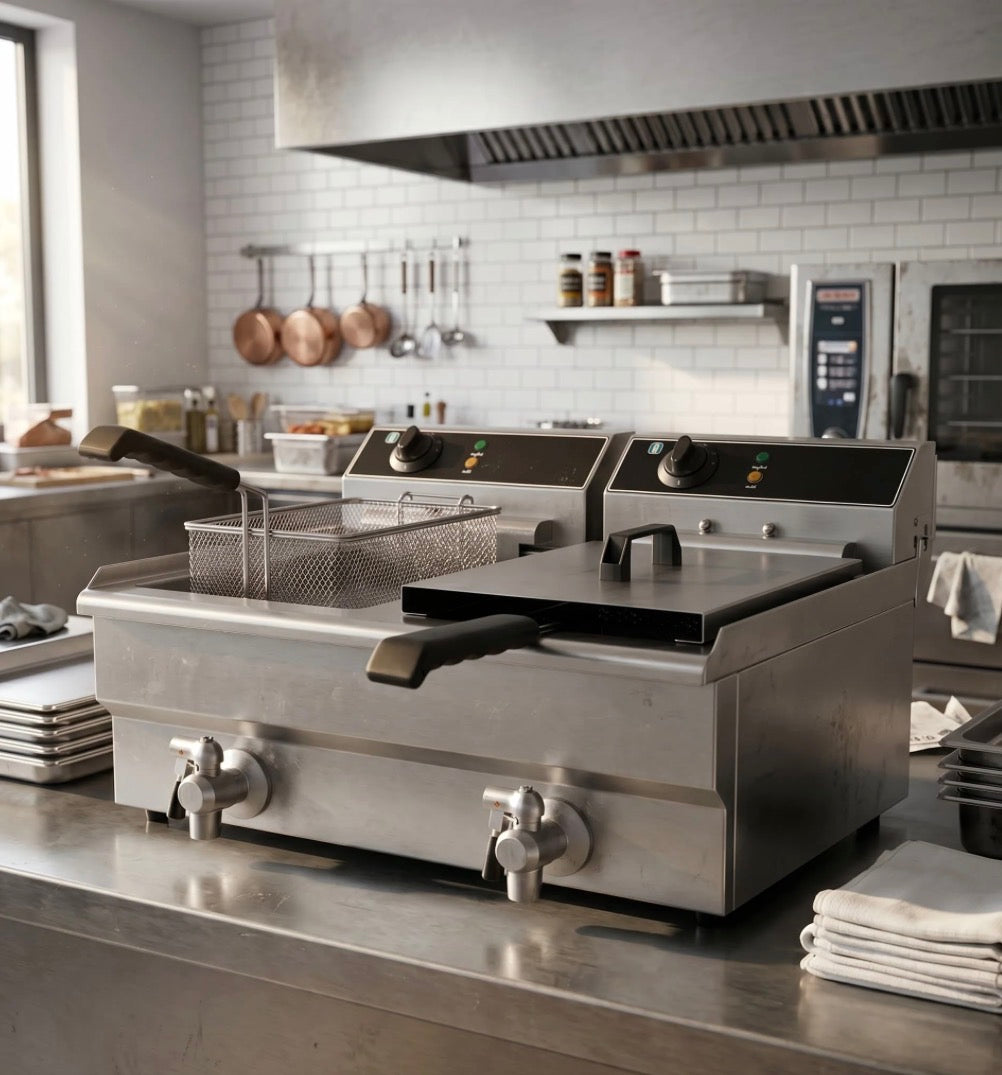 Contender 690mm Twin Tank Electric Fryer – Dual 19L Large Capacity Countertop Fryer